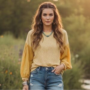 Umgee Boho Cottagecore Mustard Yellow Waffle Knit Balloon Sleeve Top NWT Size S